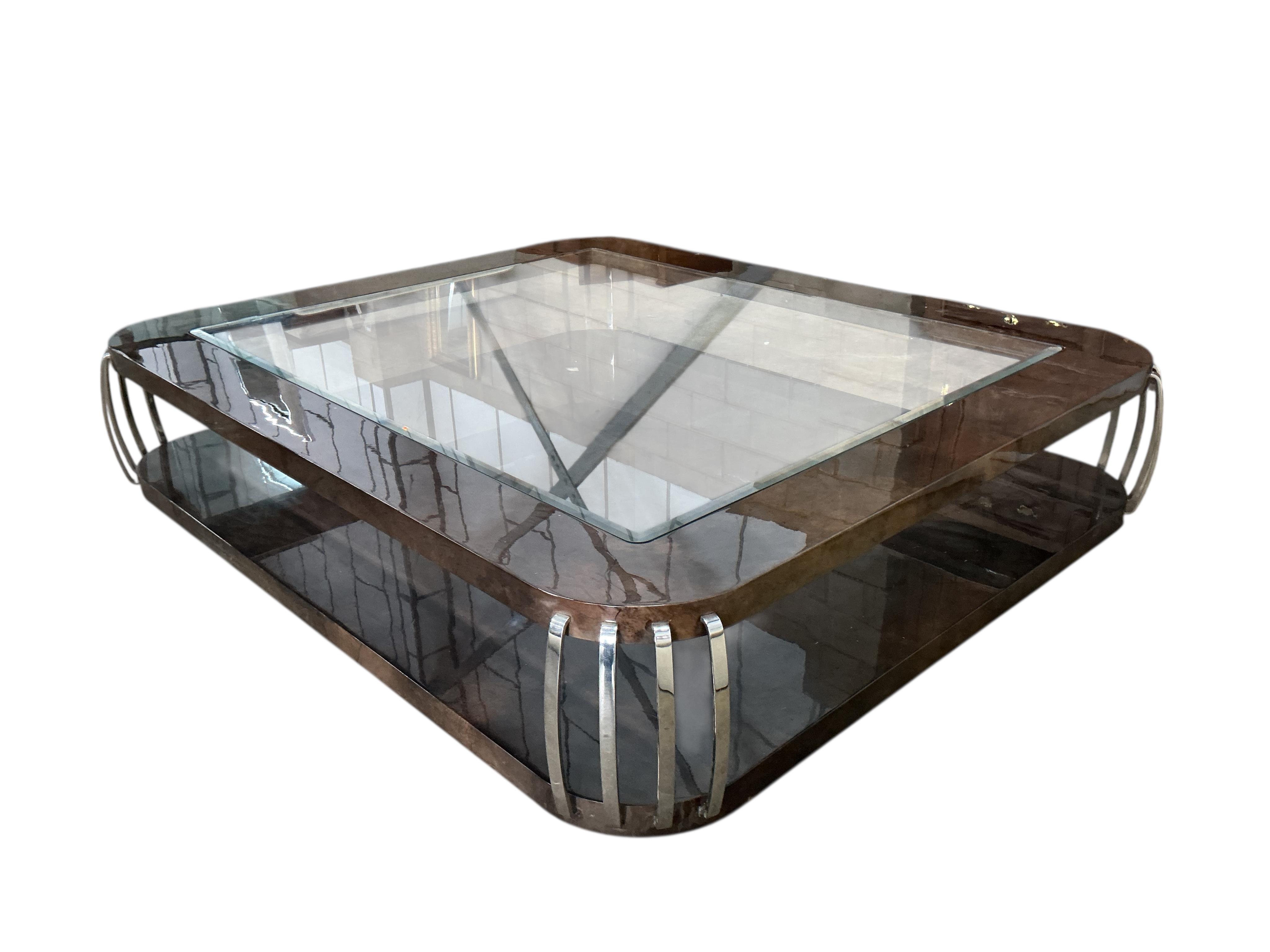Sally Sirkin Lewis for J Robert Scott, a large rectangular Art Deco style lacquer and chrome coffee table, width 220cm, depth 190cm, height 37cm